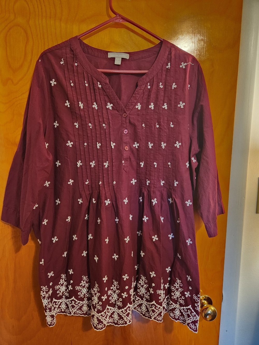 Woman Within Maroon Embroidered Pintuck Tunic